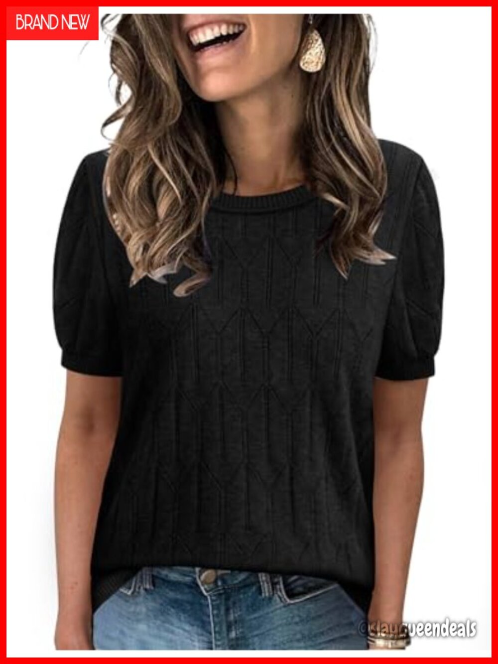 Sampeel Short Sleeve Knit Sweater Women Round Neck Ribbed Hem Work Top